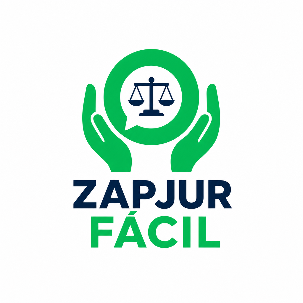 Logo ZAPJUR FÁCIL: duas mãos segurando um balão de conversa com uma balança da Justiça